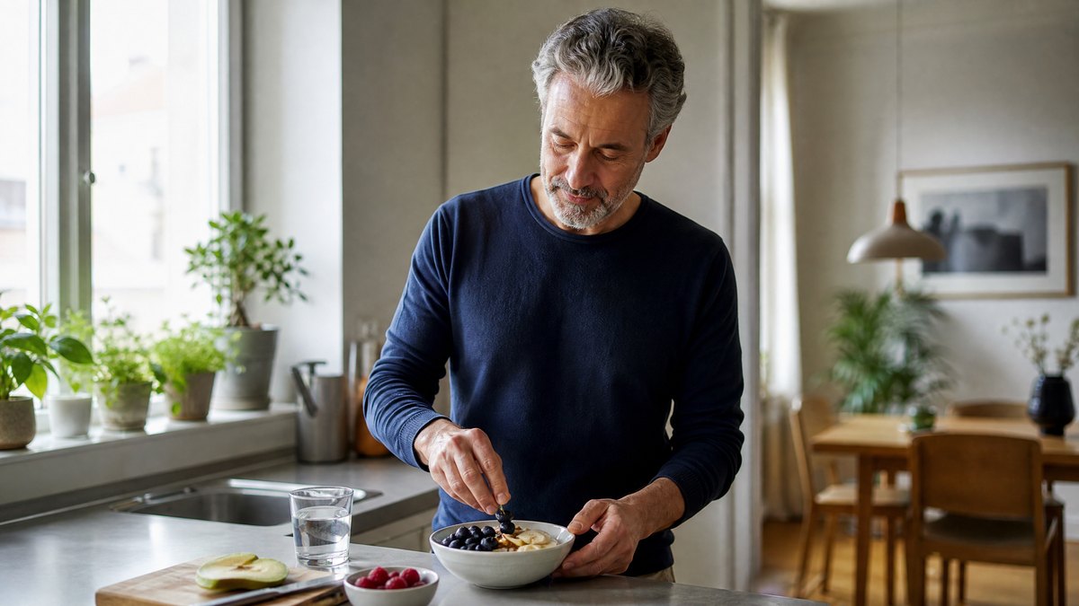 Mann bereitet ein gesundes Frühstück zu